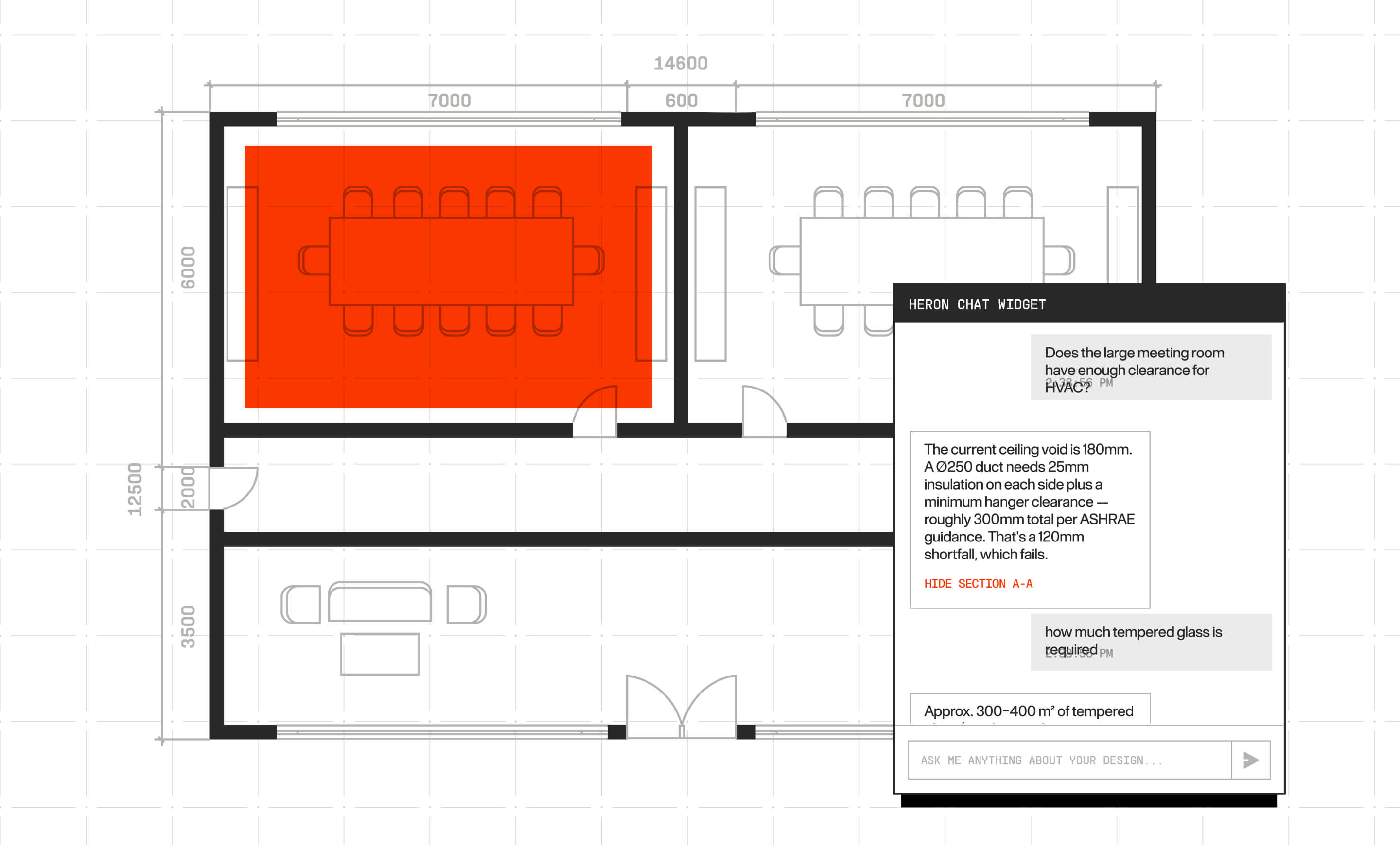Floor plan with two meeting rooms; left room highlighted in red and a chat widget discussing HVAC clearance.