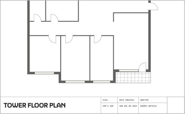 Black and white tower floor plan with rooms and two doors opening to a tiled balcony.