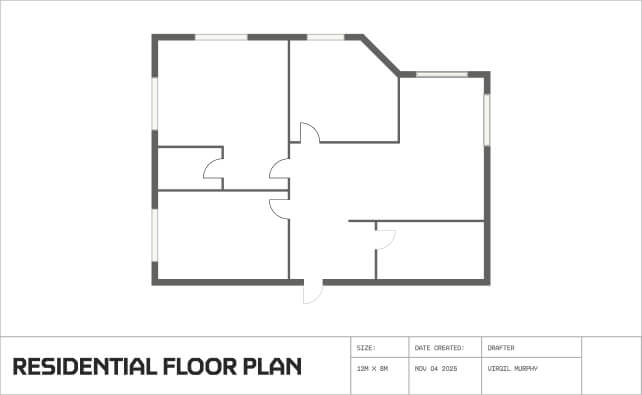 Simple residential floor plan layout with several rooms and doorways in a 12 by 8 meter space.