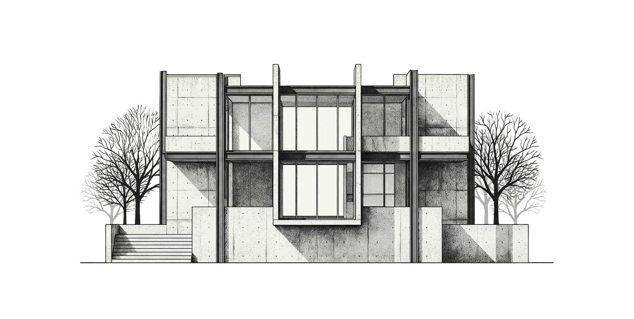 Black and white architectural sketch of a modern concrete building with large windows and trees on each side.